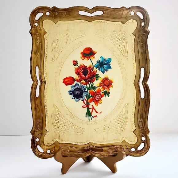 MCM Vintage Antiqued Design Melamine Tray Florentine Gold Painted Ornate Trim - Picture 1 of 7